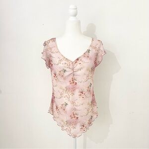vintage s fuzi pink floral asymmetrical top with butterfly sleeves